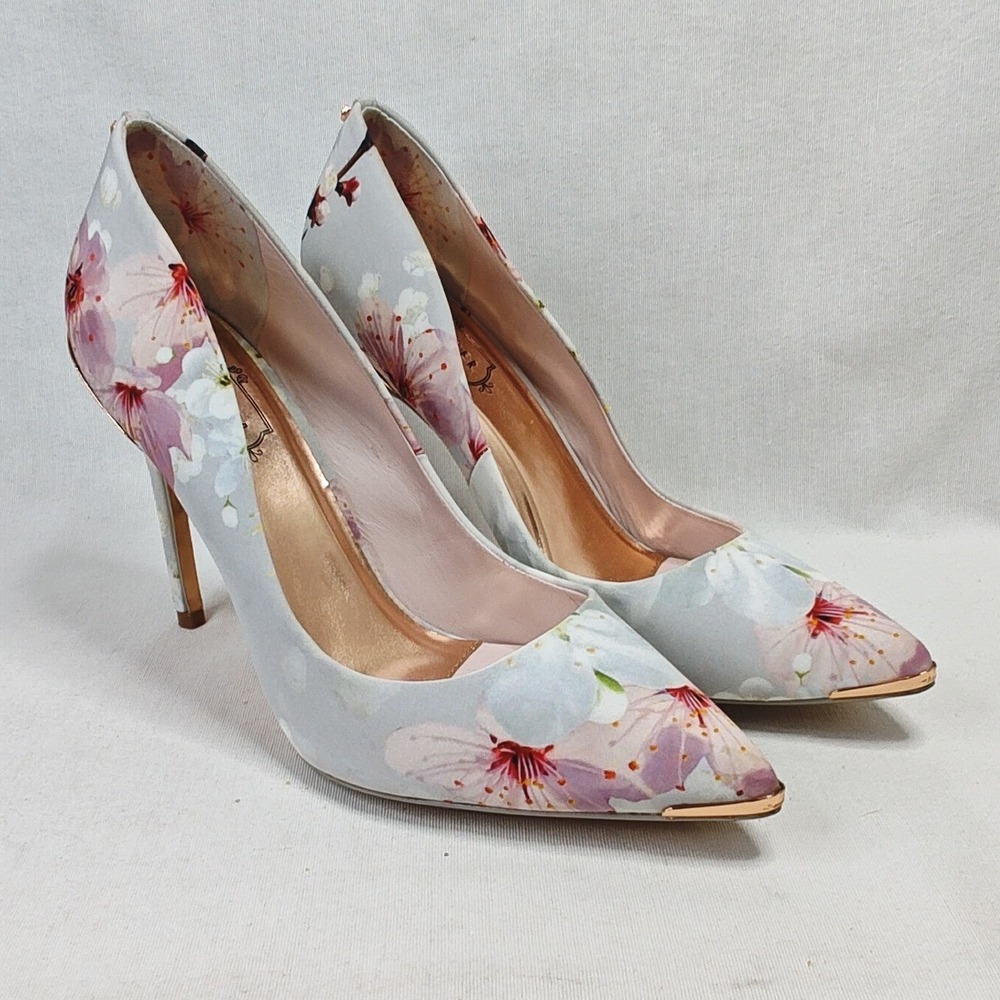 Ted Baker Pumps 39.5 Grey Floral Cherry Blossom Rose Gold Pointed Toe Heel